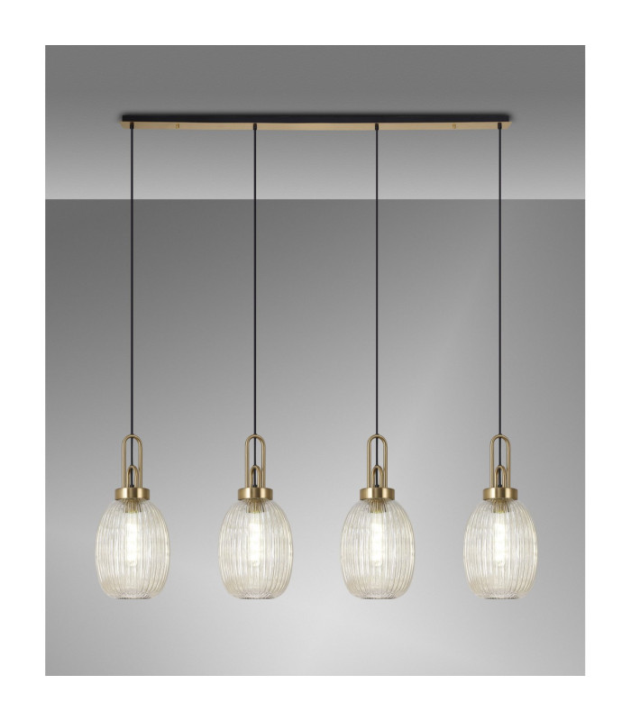 Yorktown Linear 4 Light Pendant 20cm Almond Ribbed Glass Brass Gold/Matt Black Champagne-3