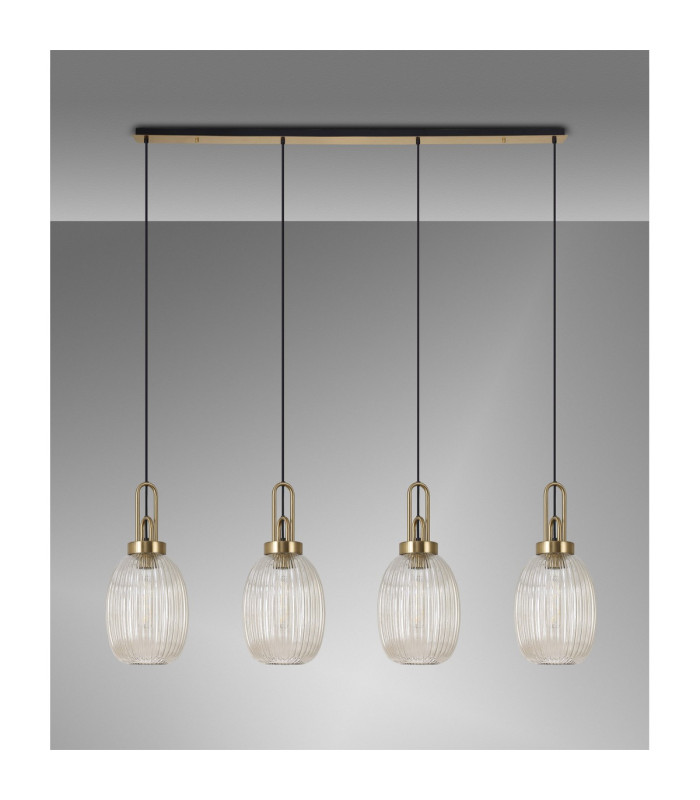 Yorktown Linear 4 Light Pendant 20cm Almond Ribbed Glass Brass Gold/Matt Black Champagne-11