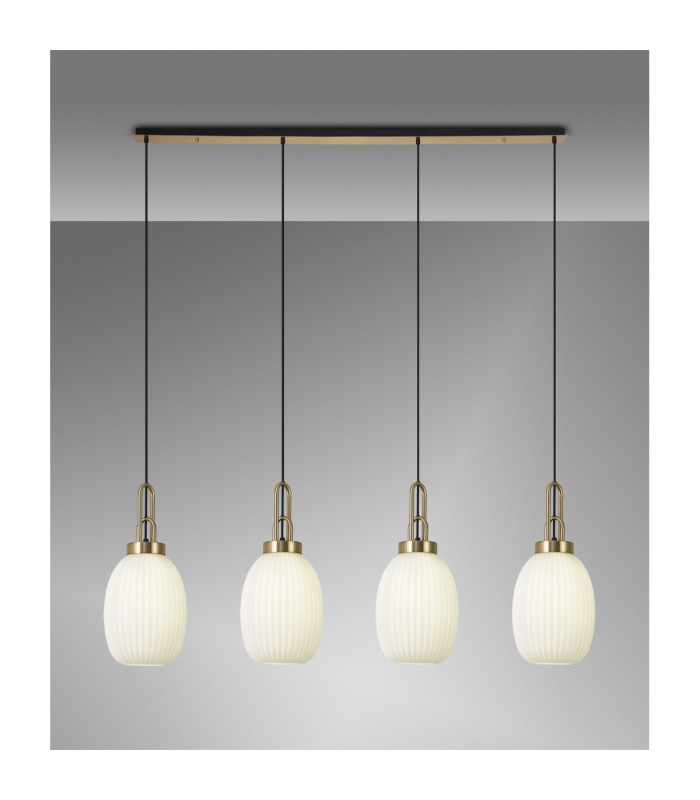 Yorktown Linear 4 Light Pendant 20cm Almond Ribbed Glass Brass Gold/Matt Black Opal-3