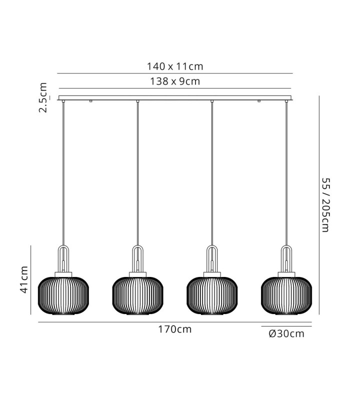 Yorktown Linear Pendant 4 x E27 Copper/Matt Black 30cm Pumpkin Shaped Ribbed Opal Glass-2