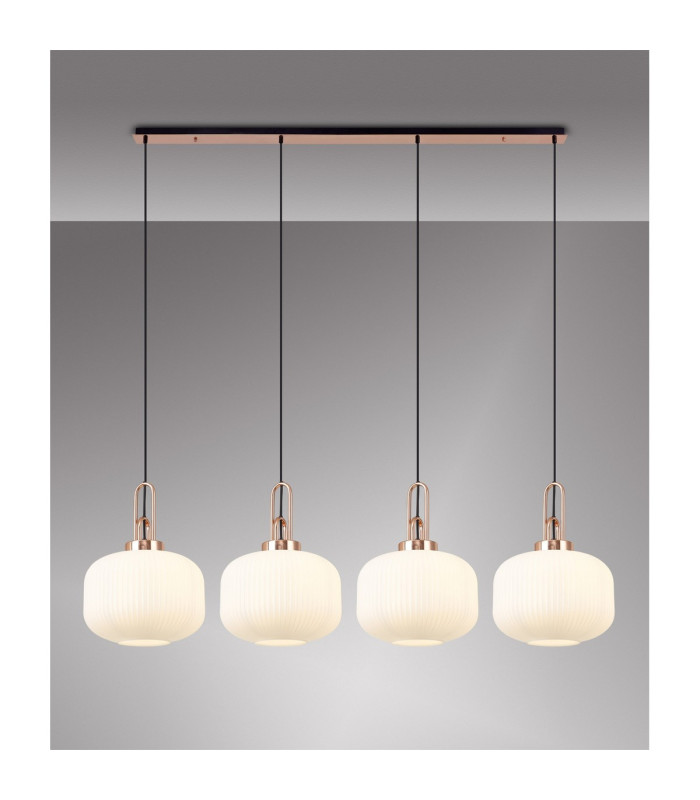 Yorktown Linear Pendant 4 x E27 Copper/Matt Black 30cm Pumpkin Shaped Ribbed Opal Glass-3