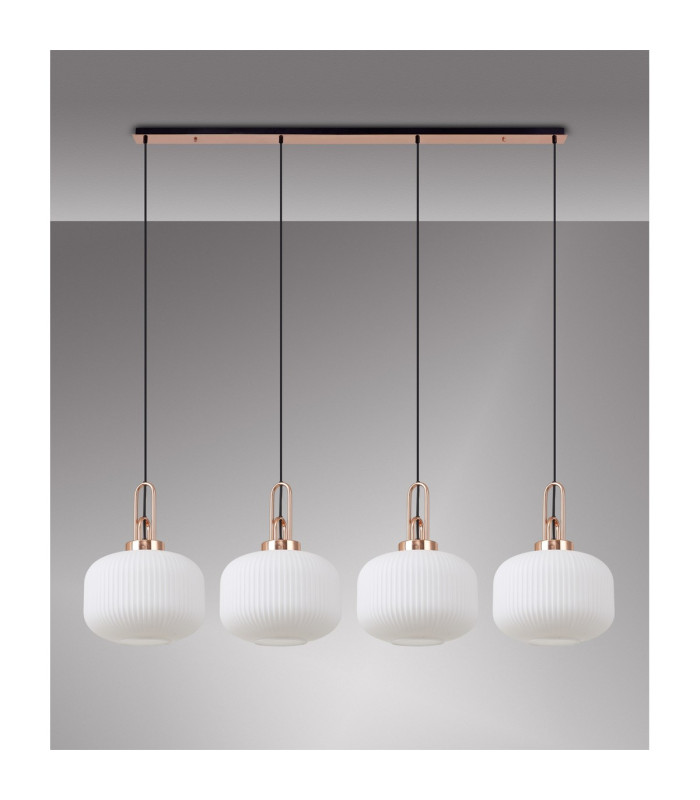 Yorktown Linear Pendant 4 x E27 Copper/Matt Black 30cm Pumpkin Shaped Ribbed Opal Glass-11