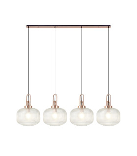 Yorktown Linear Pendant 4 x E27 Copper/Matt Black 30cm Pumpkin Shaped Ribbed Clear Glass-1