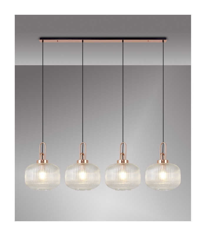 Yorktown Linear Pendant 4 x E27 Copper/Matt Black 30cm Pumpkin Shaped Ribbed Clear Glass-3