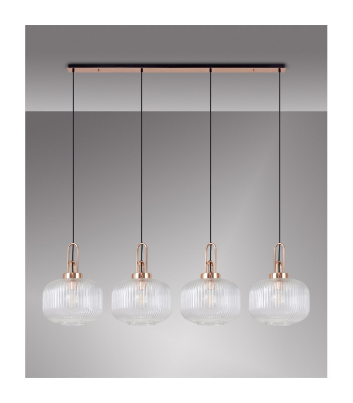 Yorktown Linear Pendant 4 x E27 Copper/Matt Black 30cm Pumpkin Shaped Ribbed Clear Glass-11