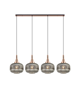 Yorktown Linear Pendant 4 x E27 Copper/Matt Black 30cm Pumpkin Shaped Ribbed Smoked Glass-1