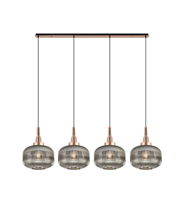 Yorktown Linear Pendant 4 x E27 Copper/Matt Black 30cm Pumpkin Shaped Ribbed Smoked Glass-1