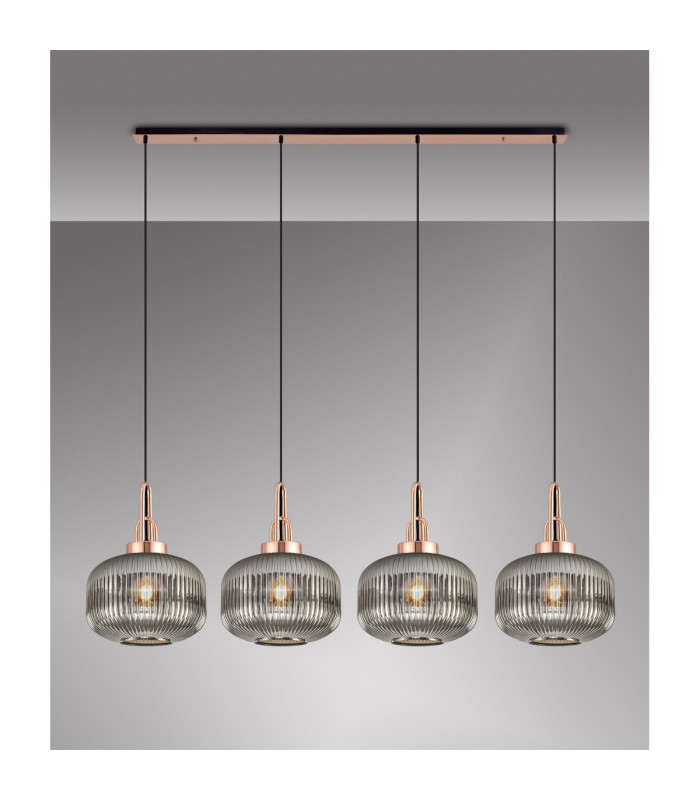 Yorktown Linear Pendant 4 x E27 Copper/Matt Black 30cm Pumpkin Shaped Ribbed Smoked Glass-3
