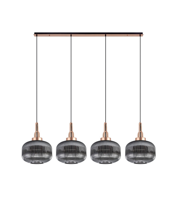 Yorktown Linear Pendant 4 x E27 Copper/Matt Black 30cm Pumpkin Shaped Ribbed Smoked Glass-4