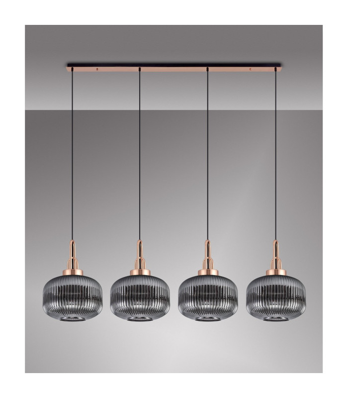 Yorktown Linear Pendant 4 x E27 Copper/Matt Black 30cm Pumpkin Shaped Ribbed Smoked Glass-11