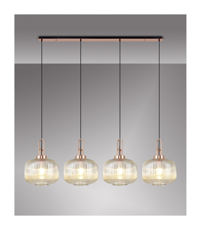 Yorktown Linear Pendant 4 x E27 Copper/Matt Black 30cm Pumpkin Shaped Ribbed Champagne Glass-3