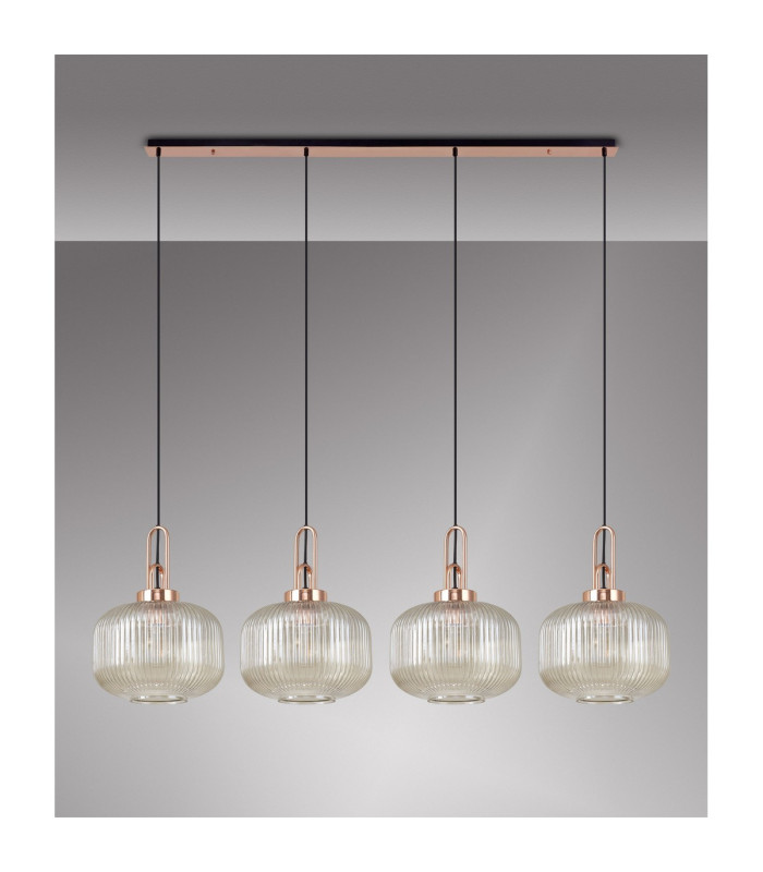 Yorktown Linear Pendant 4 x E27 Copper/Matt Black 30cm Pumpkin Shaped Ribbed Champagne Glass-11