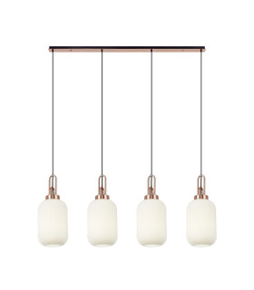 Yorktown Linear 4 Light Pendant 20cm Tubular Ribbed Glass Copper/Matt Black Opal-1