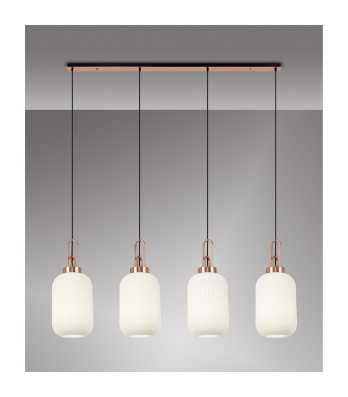 Yorktown Linear 4 Light Pendant 20cm Tubular Ribbed Glass Copper/Matt Black Opal-3