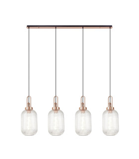 Yorktown Linear 4 Light Pendant 20cm Tubular Ribbed Glass Copper/Matt Black Clear-1
