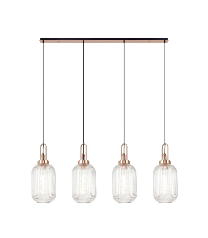 Yorktown Linear 4 Light Pendant 20cm Tubular Ribbed Glass Copper/Matt Black Clear-1
