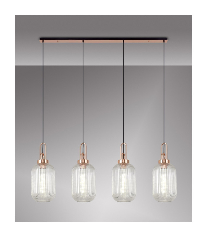 Yorktown Linear 4 Light Pendant 20cm Tubular Ribbed Glass Copper/Matt Black Clear-3