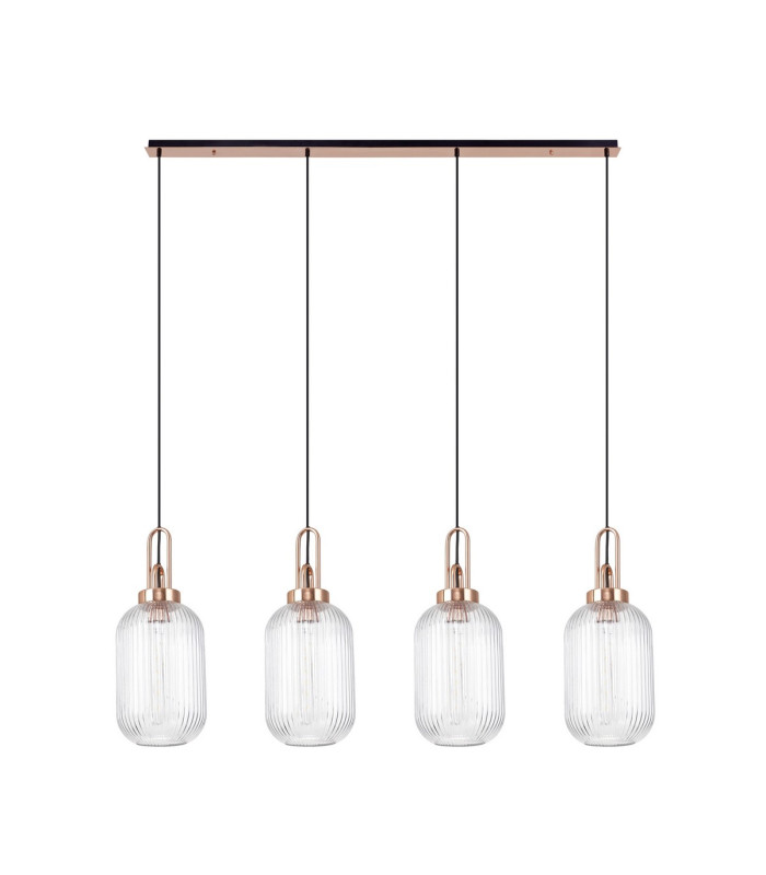 Yorktown Linear 4 Light Pendant 20cm Tubular Ribbed Glass Copper/Matt Black Clear-4