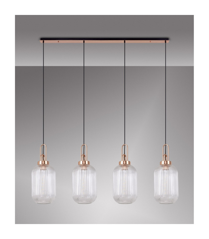 Yorktown Linear 4 Light Pendant 20cm Tubular Ribbed Glass Copper/Matt Black Clear-11