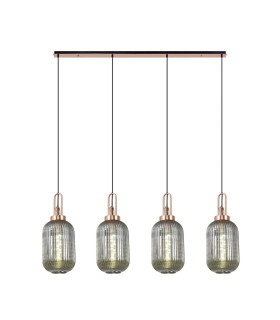 Yorktown Linear 4 Light Pendant 20cm Tubular Ribbed Glass Copper/Matt Black Smoked-1