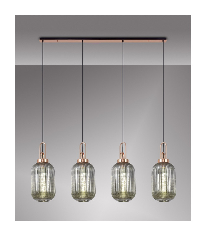 Yorktown Linear 4 Light Pendant 20cm Tubular Ribbed Glass Copper/Matt Black Smoked-3