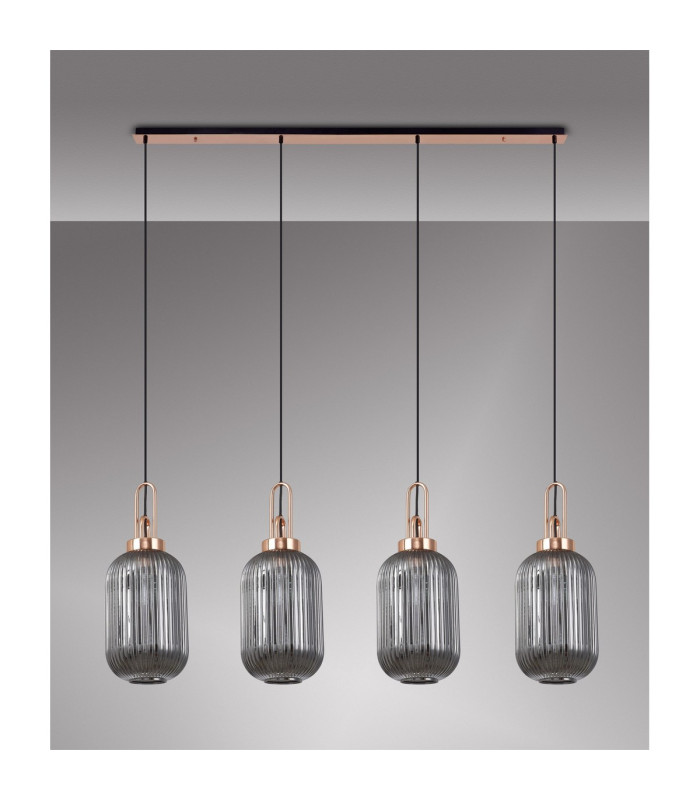 Yorktown Linear 4 Light Pendant 20cm Tubular Ribbed Glass Copper/Matt Black Smoked-11