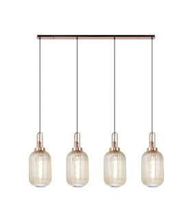 Yorktown Linear 4 Light Pendant 20cm Tubular Ribbed Glass Copper/Matt Black Champagne-1