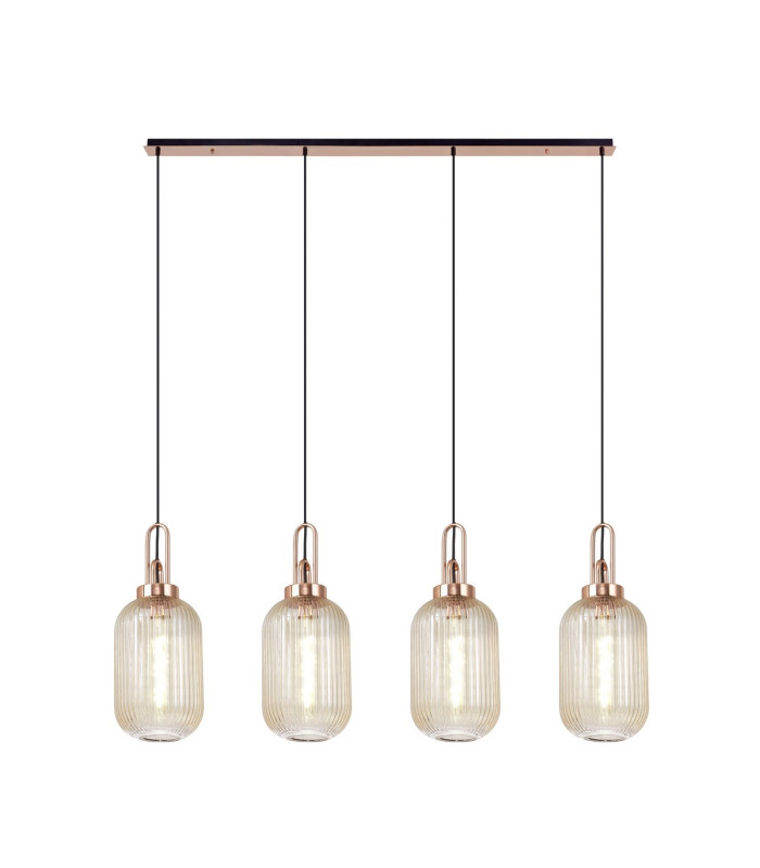Yorktown Linear 4 Light Pendant 20cm Tubular Ribbed Glass Copper/Matt Black Champagne-1