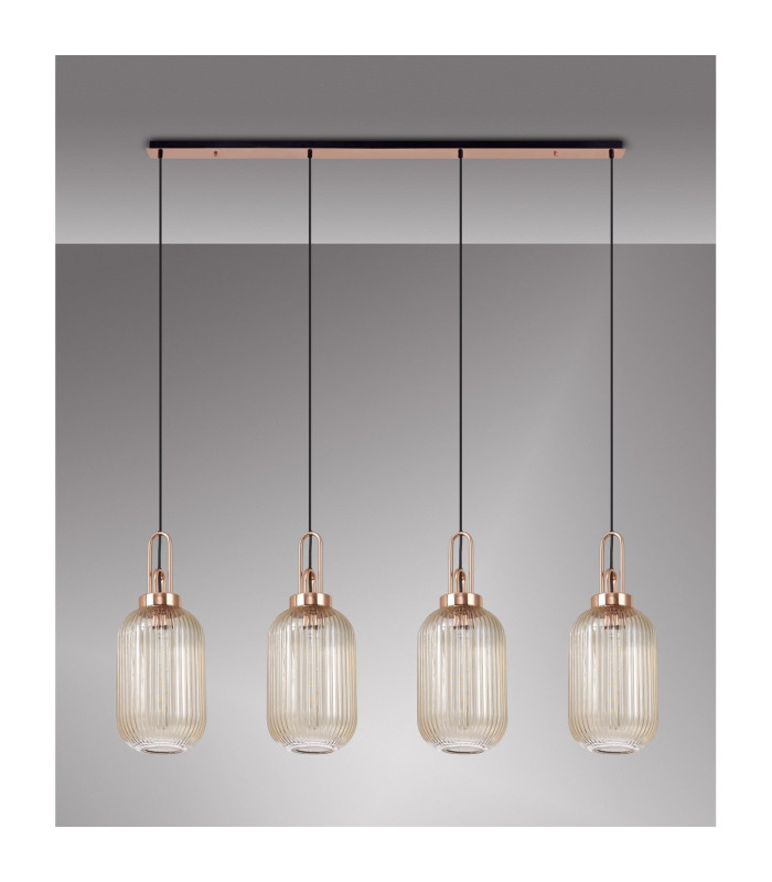 Yorktown Linear 4 Light Pendant 20cm Tubular Ribbed Glass Copper/Matt Black Champagne-11