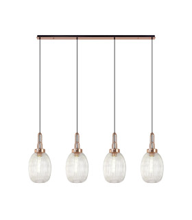 Yorktown Linear 4 Light Pendant 20cm Almond Ribbed Glass Copper/Matt Black Clear-1