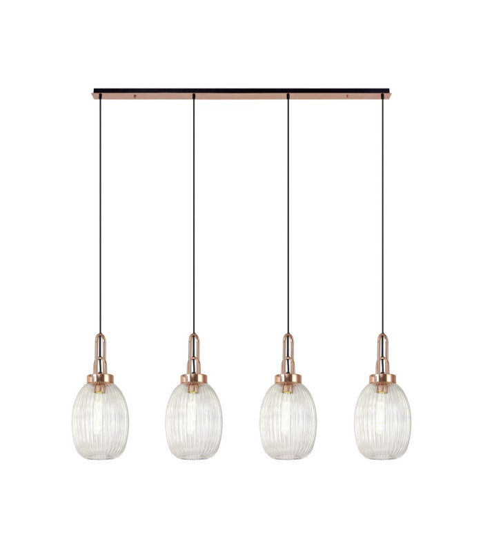 Yorktown Linear 4 Light Pendant 20cm Almond Ribbed Glass Copper/Matt Black Clear-1