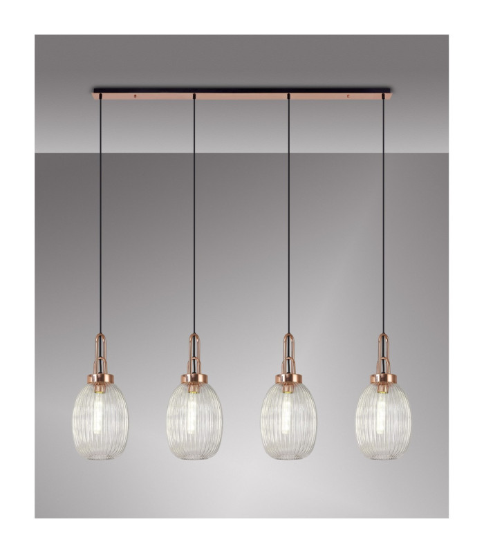 Yorktown Linear 4 Light Pendant 20cm Almond Ribbed Glass Copper/Matt Black Clear-3
