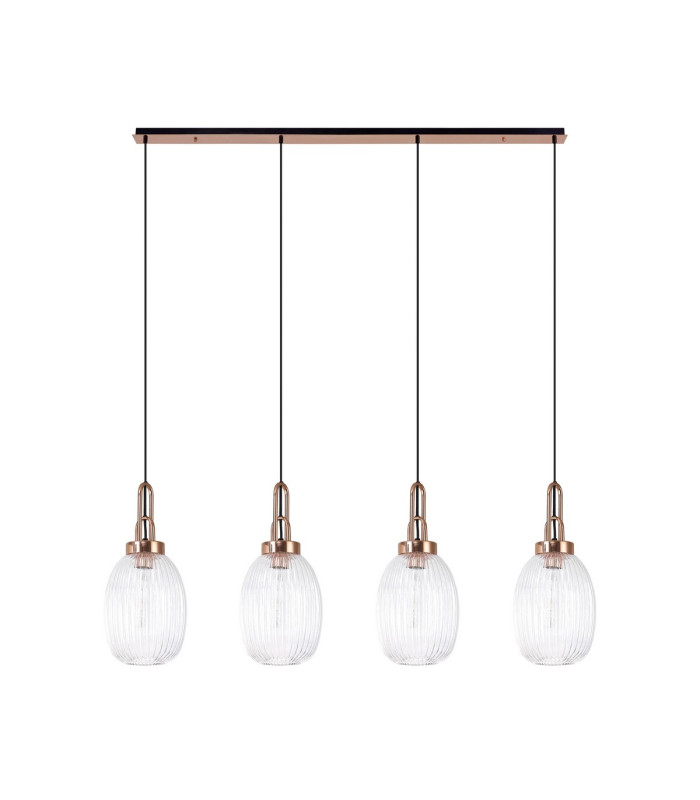 Yorktown Linear 4 Light Pendant 20cm Almond Ribbed Glass Copper/Matt Black Clear-4