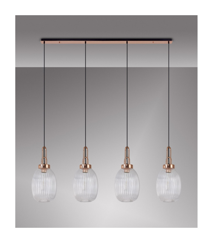 Yorktown Linear 4 Light Pendant 20cm Almond Ribbed Glass Copper/Matt Black Clear-10