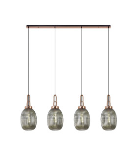Yorktown Linear 4 Light Pendant 20cm Almond Ribbed Glass Copper/Matt Black Smoked-1