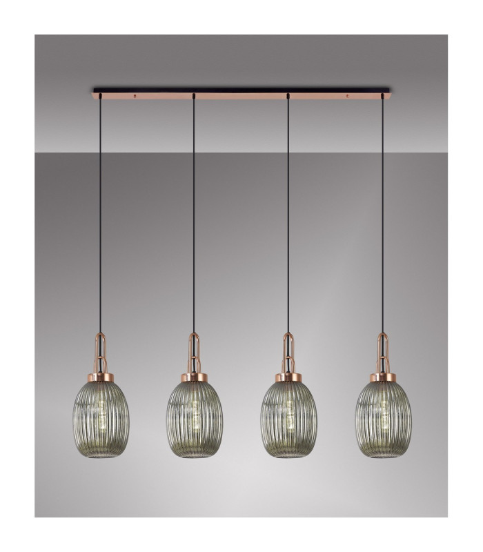 Yorktown Linear 4 Light Pendant 20cm Almond Ribbed Glass Copper/Matt Black Smoked-3