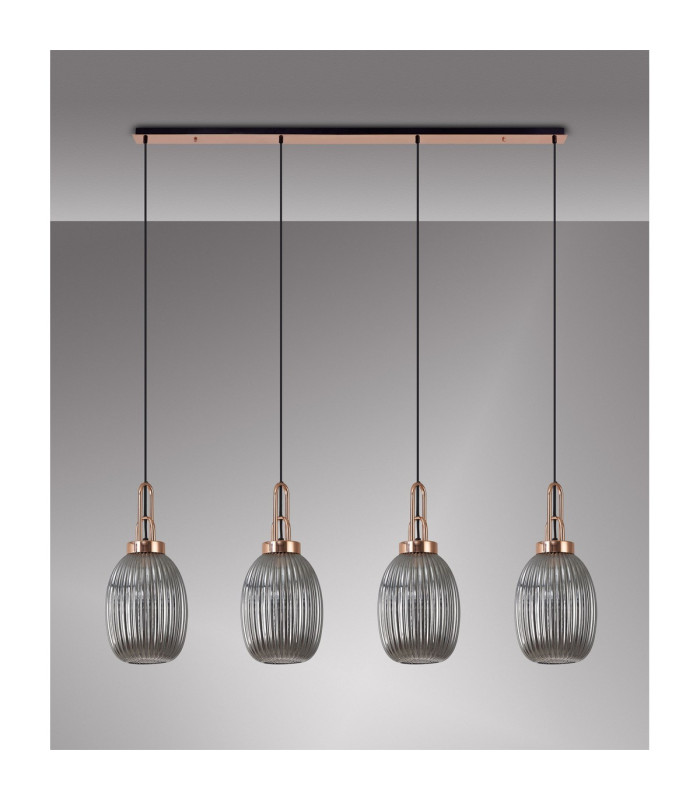 Yorktown Linear 4 Light Pendant 20cm Almond Ribbed Glass Copper/Matt Black Smoked-10