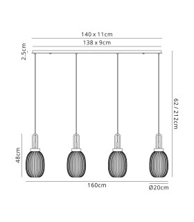 Yorktown Linear 4 Light Pendant 20cm Almond Ribbed Glass Copper/Matt Black Champagne-2