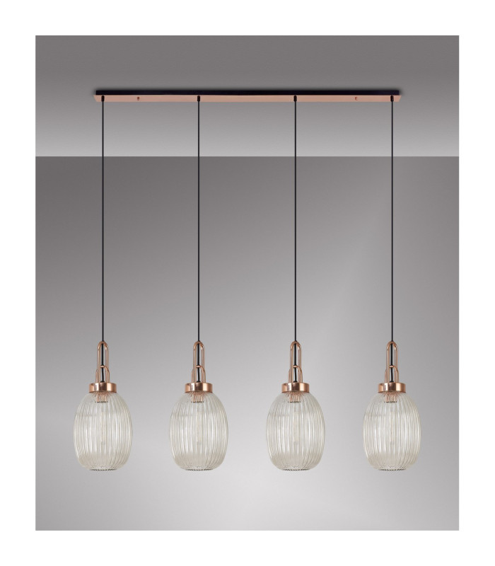 Yorktown Linear 4 Light Pendant 20cm Almond Ribbed Glass Copper/Matt Black Champagne-10
