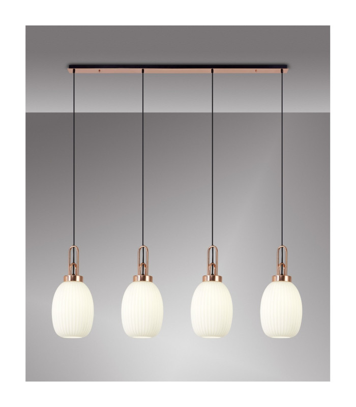 Yorktown Linear 4 Light Pendant 20cm Almond Ribbed Glass Copper/Matt Black Opal-3