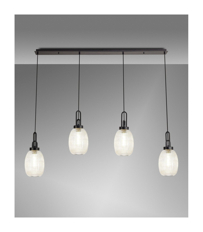 Yorktown Linear 4 Light Pendant 20cm Almond Ribbed Glass Matt Black/Matt Black Champagne-3