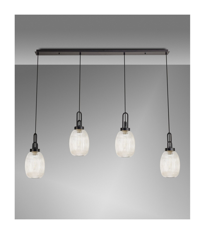 Yorktown Linear 4 Light Pendant 20cm Almond Ribbed Glass Matt Black/Matt Black Champagne-10