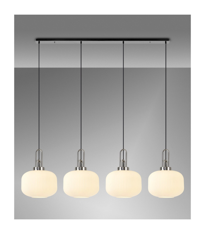 Yorktown Linear Pendant 4 x E27 Polished Nickel/Matt Black 30cm Pumpkin Shaped Ribbed Opal Glass-3