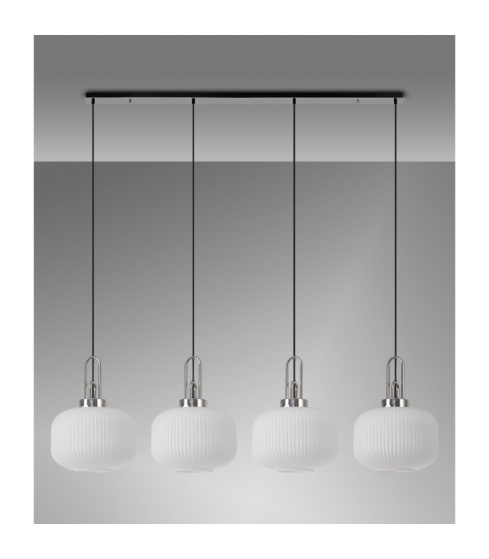 Yorktown Linear Pendant 4 x E27 Polished Nickel/Matt Black 30cm Pumpkin Shaped Ribbed Opal Glass-11