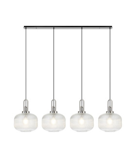 Yorktown Linear Pendant 4 x E27 Polished Nickel/Matt Black 30cm Pumpkin Shaped Ribbed Clear Glass-1