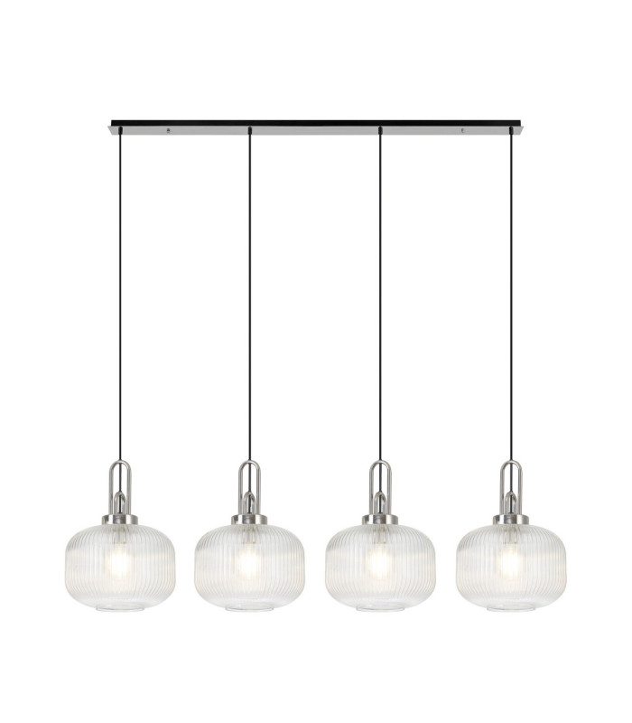 Yorktown Linear Pendant 4 x E27 Polished Nickel/Matt Black 30cm Pumpkin Shaped Ribbed Clear Glass-1