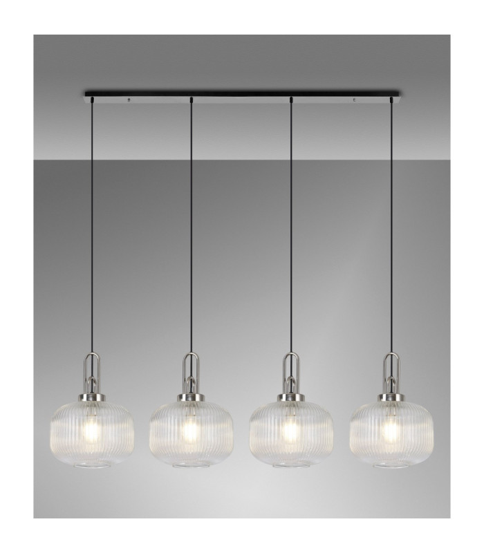 Yorktown Linear Pendant 4 x E27 Polished Nickel/Matt Black 30cm Pumpkin Shaped Ribbed Clear Glass-3
