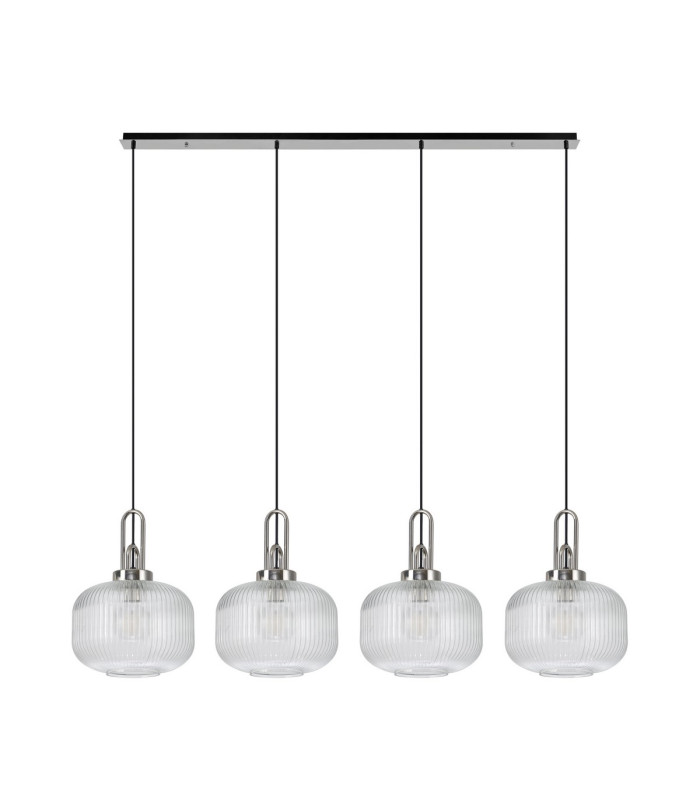 Yorktown Linear Pendant 4 x E27 Polished Nickel/Matt Black 30cm Pumpkin Shaped Ribbed Clear Glass-4
