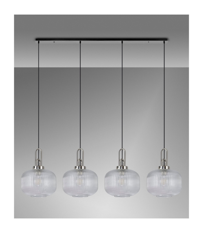 Yorktown Linear Pendant 4 x E27 Polished Nickel/Matt Black 30cm Pumpkin Shaped Ribbed Clear Glass-11