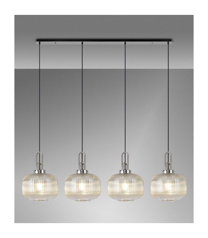 Yorktown Linear Pendant 4 x E27 Polished Nickel/Matt Black 30cm Pumpkin Shaped Ribbed Champagne Glass-3